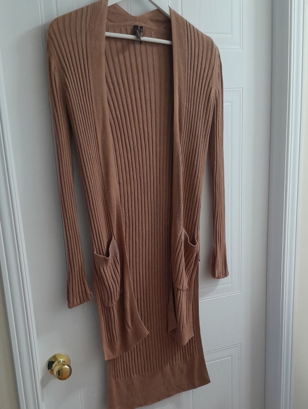 Marciano Ribbed Open-Front Long Cardigan in Camel